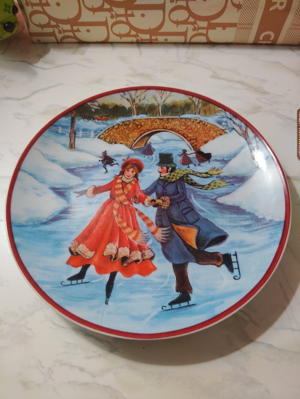 Vintage Winter Ice Skating Decorative Plate - Red Accents